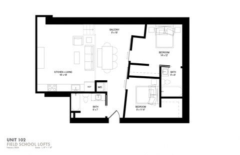 Floor plan for 2 beds, 2 baths, 1016 sqft